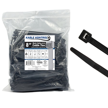 Kable Kontrol Cable Tie, 8 in L, 2.16 in Max Bundle Dia., Black, Nylon 6/6, 50 lb Strength, 1000 PK CT209